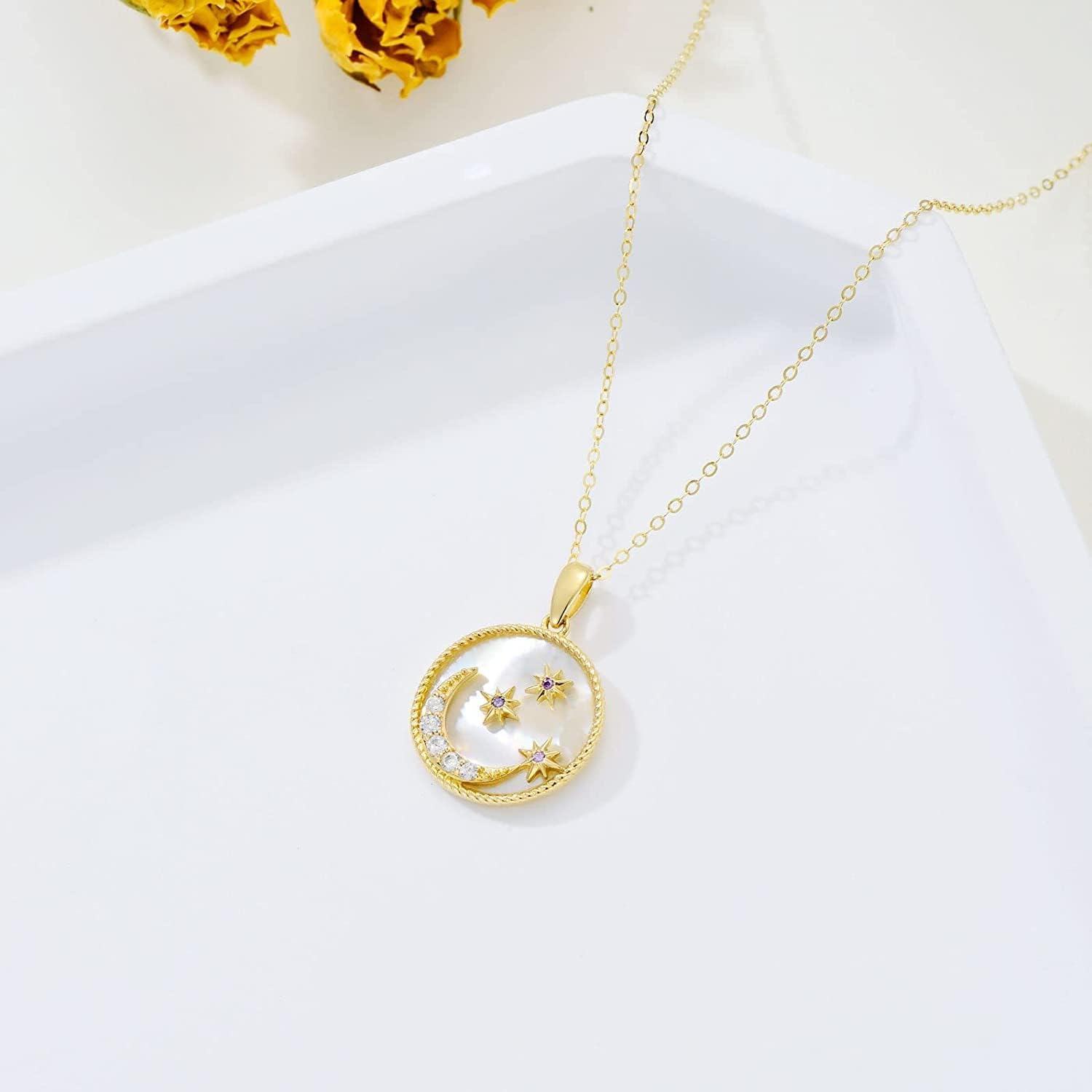 Yellow Gold 14K Moon Pendant Necklace for Women with Stone-0-4