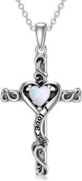 wholesale  Sterling Silver & White Opal Cross Pendant Necklace for Women - October Birthstone Gift with I Love You Engraving - 18+2 Chain-0-0