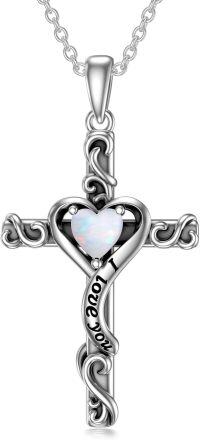 wholesale  Sterling Silver & White Opal Cross Pendant Necklace for Women - October Birthstone Gift with I Love You Engraving - 18+2 Chain-10-Opal-October