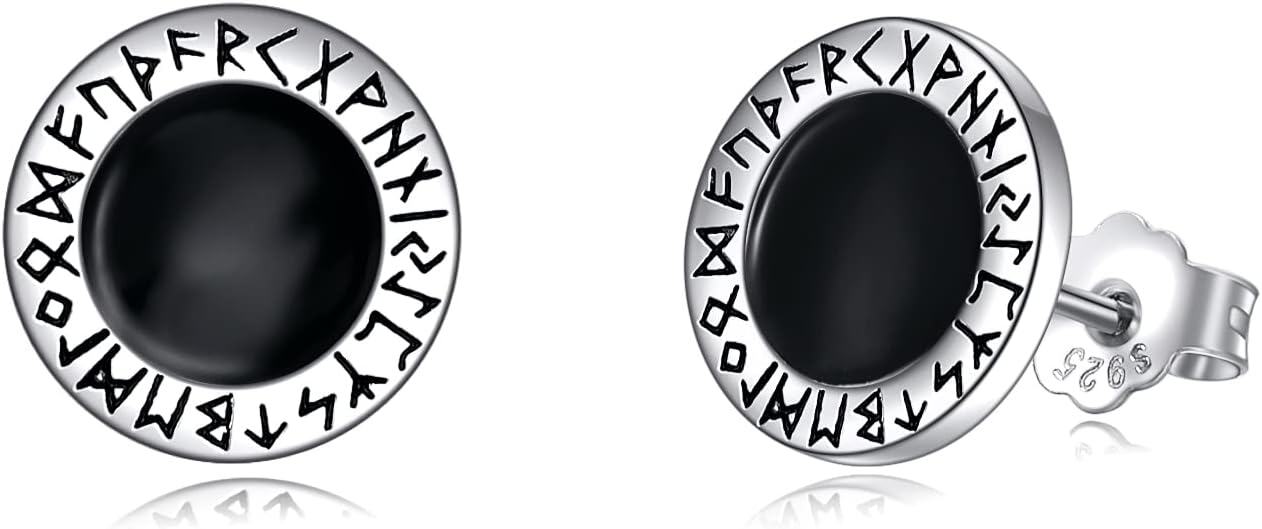 wholesale 925 Sterling Silver Rune Design Onyx Men's Stud Earrings - 10MM-0-0