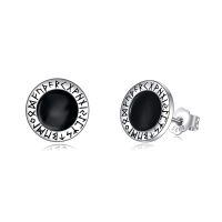 wholesale 925 Sterling Silver Rune Design Onyx Men's Stud Earrings - 10MM-1-Viking Studs