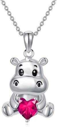 wholesale Sterling Silver Animal Birthstone Necklace Otter Axolotl Hippo Pendant Jewelry Gift for Women-07-Jul-Hippo