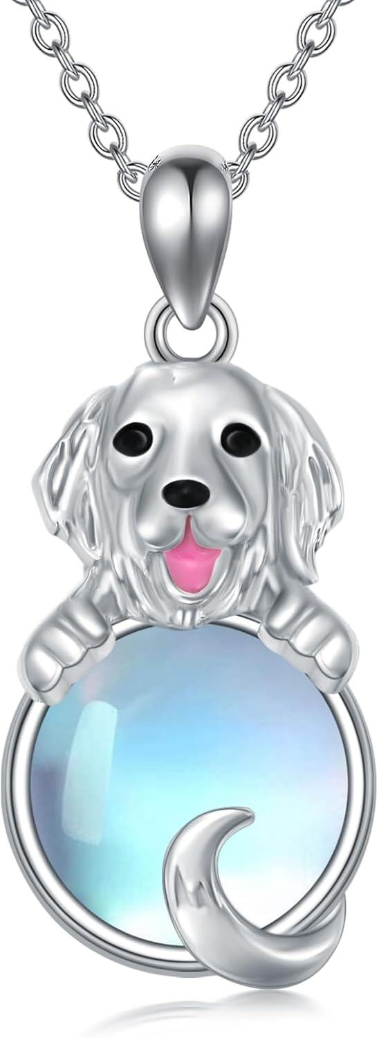 Sterling Silver Moonstone Dog Necklace for Women Memorial Jewelry Gift-Golden Retriever