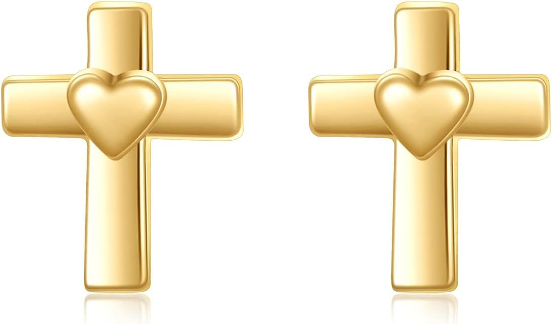 wholesale 14K Gold Heart Cross Stud Earrings for Women and Girls - Faith-0-0