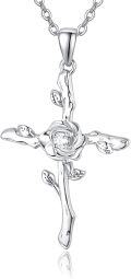 wholesale 925 Sterling Silver Rose Cross Pendant Necklace for Women - Christian Jewelry Religious Gift-0-0