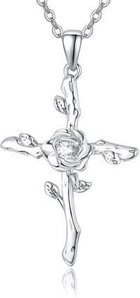 wholesale 925 Sterling Silver Rose Cross Pendant Necklace for Women - Christian Jewelry Religious Gift-Silver