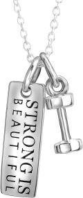 wholesale 925 Sterling Silver Strong is Beautiful Motivational Gym Buff Pendant Necklace with Dumbbell Charm - Inspirational Jewelry for Fitness Lovers-0-0
