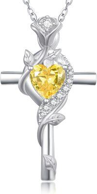 wholesale Sterling Silver Rose Cross Pendant Necklace for Women-White Gold-11-Citrine-White Gold-11-Citrine