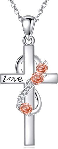wholesale 925 Sterling Silver Love Cross with Pink Roses and CZs Pendant Necklace-Cross rose
