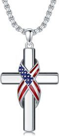 wholesale 925 Sterling Silver American Flag Cross Pendant Necklace  for Men & Women - Protection Amulet Religious Jewelry with 24 Rolo Chain (Gift Included)-0-0