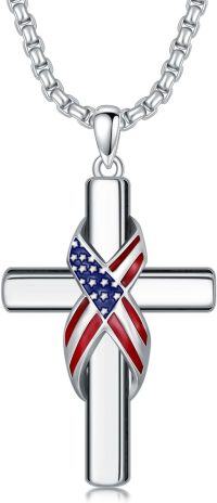 wholesale 925 Sterling Silver American Flag Cross Pendant Necklace  for Men & Women - Protection Amulet Religious Jewelry with 24 Rolo Chain (Gift Included)-L-Patriot Cross
