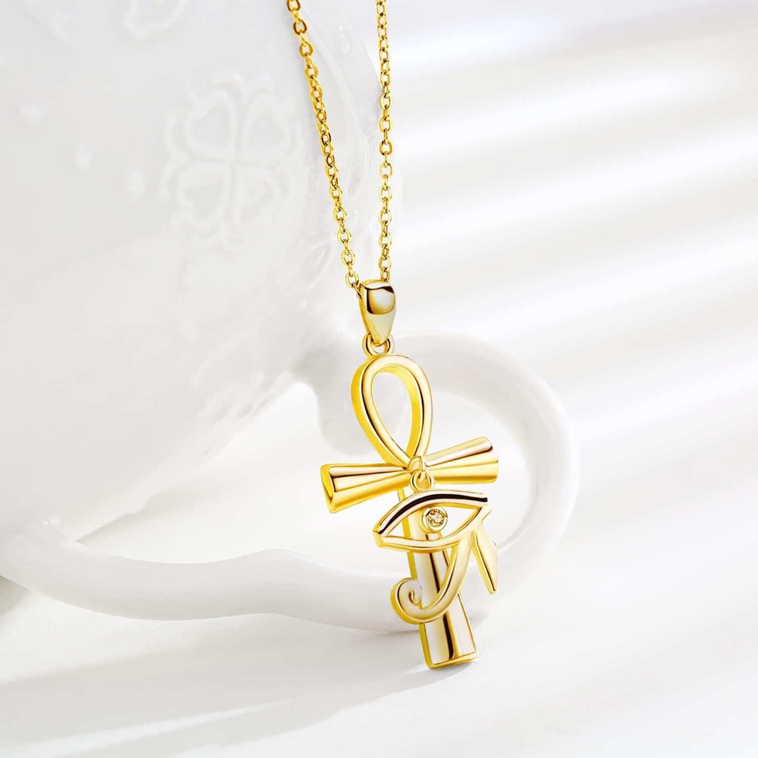 Gold 925 Sterling Silver Eye of Horus Ankh Pendant Necklace - Egyptian Protection-0-4