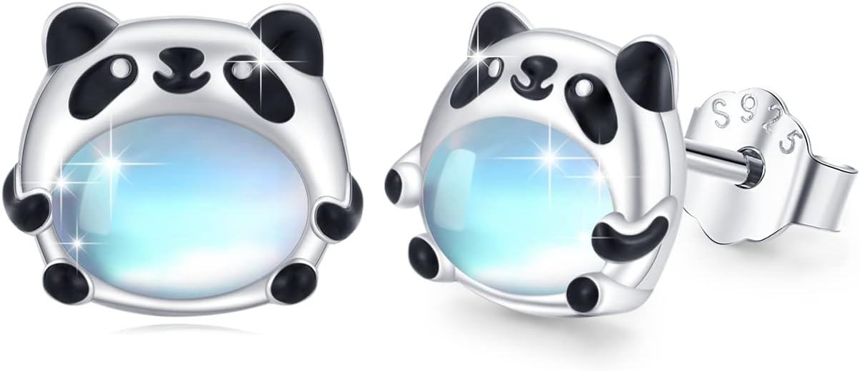 Sterling Silver Moonstone Birthstone Opal Star Planet Panda Whale Heart Earrings for Women -Panda Stud Earrings