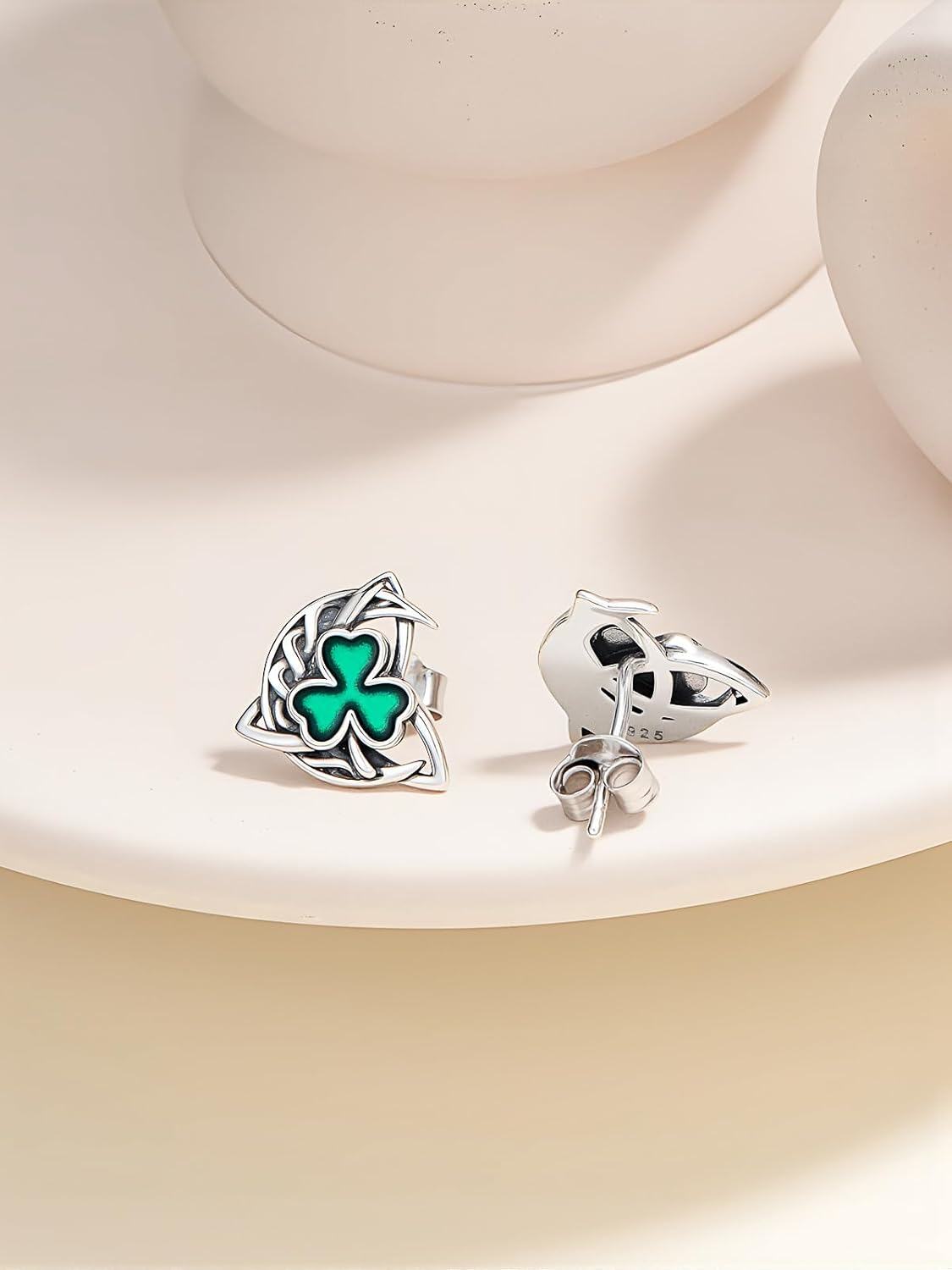 925 Sterling Silver Green Enamel Shamrock Trinity Knot Stud Earrings for Women-0-2