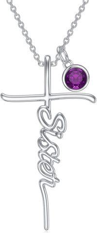 wholesale 925 Sterling Silver Birthstone Cross Sister Initial Pendant Necklace-14-Customized Initials & Birthstones-02-February