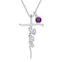 wholesale 925 Sterling Silver Birthstone Cross Sister Initial Pendant Necklace-14-Customized Initials & Birthstones-02-February