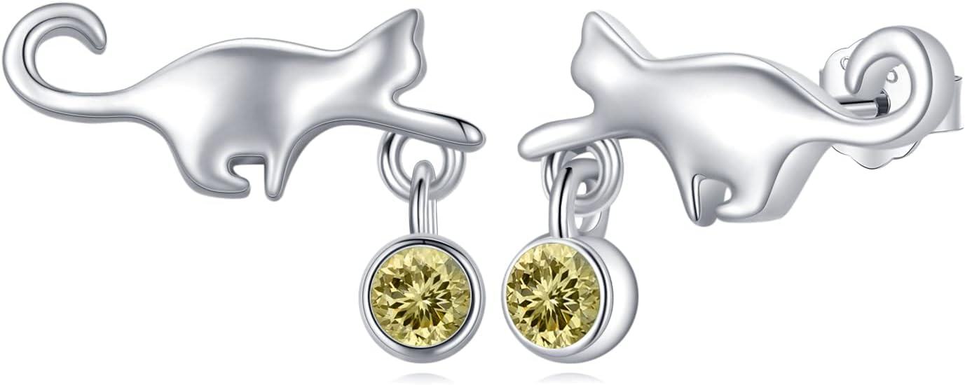 925 Sterling Silver Yellow Crystal Cat Stud Earrings - Adorable Kitty  for Her-0-0