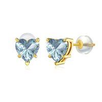 wholesale 14k Yellow Gold Red Heart Stud Earrings-March-Aquamarine