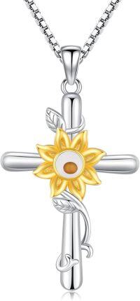wholesale 925 Sterling Silver Sunflower Cross Pendant Necklace for Women Girls Christian s-G01 - Mustard Seed Cross with Sunflower(White Gold)
