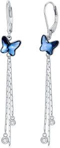 wholesale 925 Sterling Silver Blue Butterfly Crystal Long Tassel Drop Earrings With Zircon-0-0