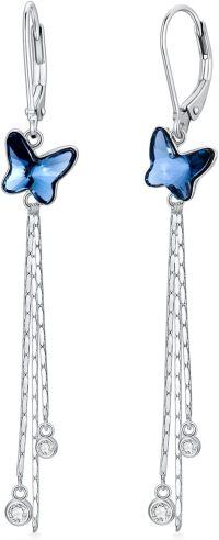 wholesale 925 Sterling Silver Blue Butterfly Crystal Long Tassel Drop Earrings With Zircon-Tassel Butterfly Blue