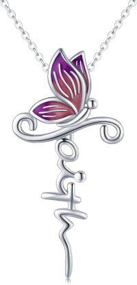 wholesale 925 Sterling Silver Butterfly Cross Pendant Necklace with Exquisite Polish for Women, Adjustable Chain, Hypoallergenic, Gift Ready-Purple