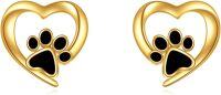 wholesale 14K Gold Heart-Shaped Dog Paw Print Stud Earrings with Black Enamel Accents - Pet Lover Gifts for Women-Paw Print