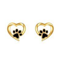 wholesale 14K Gold Heart-Shaped Dog Paw Print Stud Earrings with Black Enamel Accents - Pet Lover Gifts for Women-Paw Print