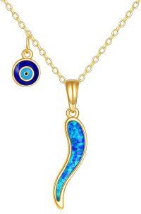 wholesale 14K Gold Blue Opal Evil Eye Hamsa Butterfly Heart Pendant Necklace-Italian Horn