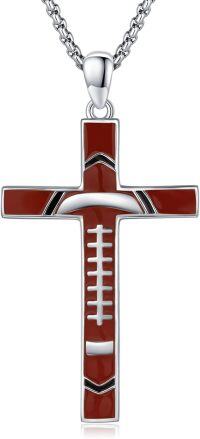 wholesale 925 Sterling Silver Red Enamel Football Cross Pendant Necklace  for Women and Men-American Football