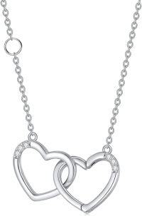wholesale 925 Sterling Silver Double Heart Pendant with Cubic Zirconias Necklaces for Women Valentines Day Gifts-0.1 CT-2 Hearts