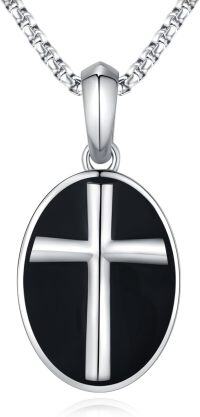 wholesale  Oval Cross Black Enamel Pendant Necklace  with Chain - Men's Jewelry-C-Cross Dog Tag Necklace