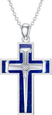 wholesale Sterling Silver 3 Nail Cross Pendant Christian Jewelry Gift for Men 22+2 -1-9-Lapis Lazuli