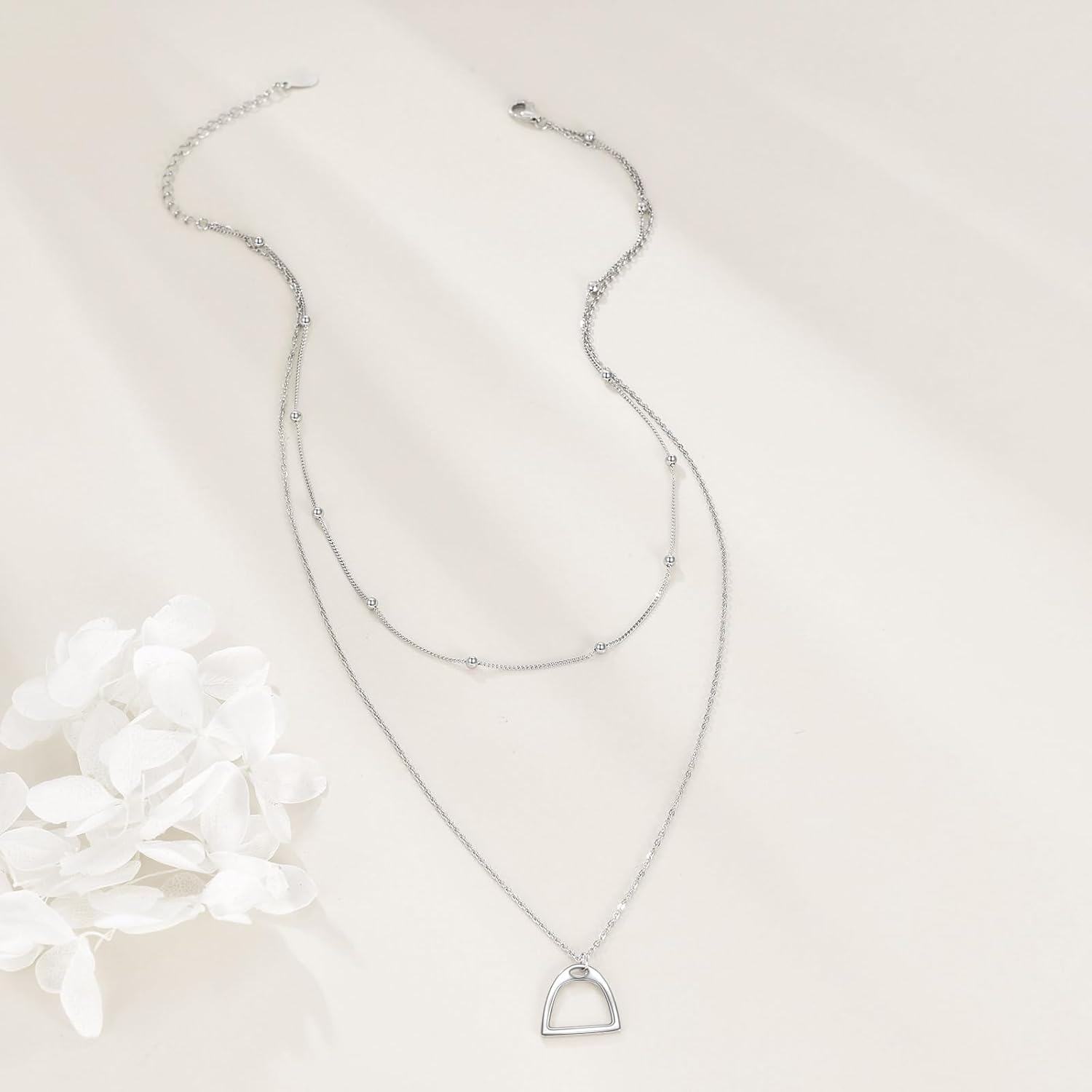925 Sterling Silver Double Horse Stirrup Pendant Layered Chain Necklace-0-5