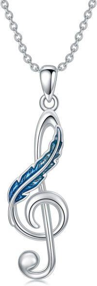 wholesale Sterling Silver Blue Feather Music Note Necklace with Platinum Plated Pendant - 18 Adjustable Chain for Women, Gift for Music Lovers-Feather