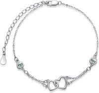 wholesale Sterling Silver Cubic Zirconia Double Heart Chain Jewelry for Women-Anklet 9''-11''-19-Moss Agate-White Gold