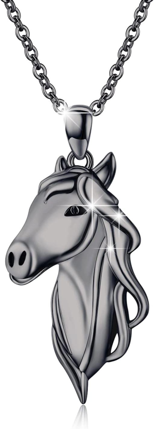 925 Sterling Silver Black Plated Horse Head with Clear CZ Stone Pendant Necklace for Women and Girls-0-0