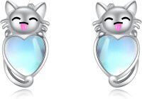 wholesale 925 Sterling Silver Cat Heart Stud Earrings with Blue Opal Stone for Women and Girls-Cat Earrings