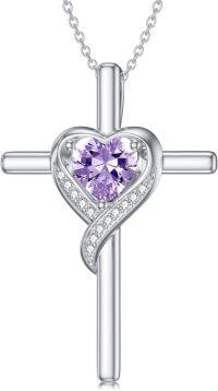 wholesale  925 Sterling Silver Alexandrite Cross Necklace with White Gold Plating, June Birthstone Heart Pendant for Women-06-Alexandrite-Jun.