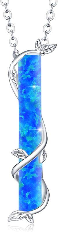 wholesale Sterling Silver Opal Leaf Bar Necklace White Blue Green Gift for Women Teens-J-Blue Opal