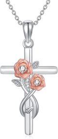 wholesale 925 Sterling Silver 925 Rose Gold Plated Floral Cross Pendant Necklace with Cubic Zirconias for Women-0-0