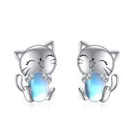 wholesale 925 Sterling Silver Happy Cat Earrings With Blue Gemstones-Cat Moonstone