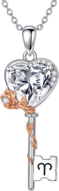 wholesale  Sterling Silver Birthstone Zodiac Necklace for Women Rose Flower Key Pendant Wife Gift -4-Aries (3\/21~4\/19)