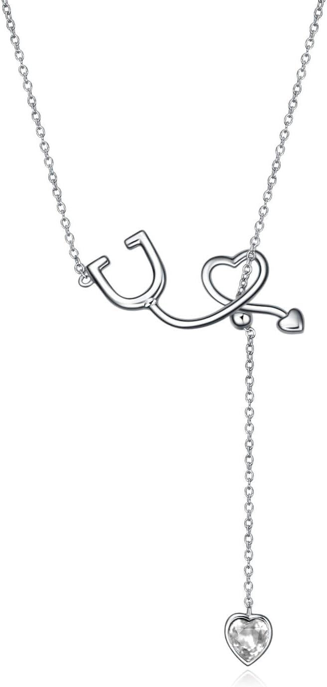 Sterling Silver Crystal Austria Stethoscope Lariat Necklace Nurse Gift 22 -04-White Crystal