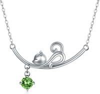 wholesale Sterling Silver Austrian Crystal Cat Kitten Pendant Necklace Birthstone Gift-Peridot Green