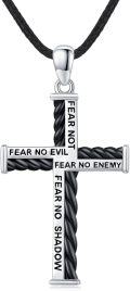 wholesale 925 Sterling Silver Black Cord Fearless Cross Pendant Necklaces with Bible Verses for Men Women Gifts-0-0