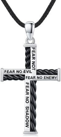 wholesale 925 Sterling Silver Black Cord Fearless Cross Pendant Necklaces with Bible Verses for Men Women Gifts-Leather Cord