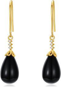 wholesale 14K Gold  Teardrop Black Onyx Drop Earrings with Cubic Zirconia - Valentines Day Gifts for Her-A- Flower Petal Design