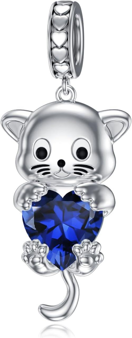 Silver Birthstone Cat Charm Bead Gift for Women-Sapphire