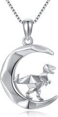 wholesale Sterling Silver Origami Dinosaur Moon Pendant Necklace - Geometric Dinosaur Symbolizing Strength, Courage, Bravery - 18 Chain with Extender - Gift Box-0-0